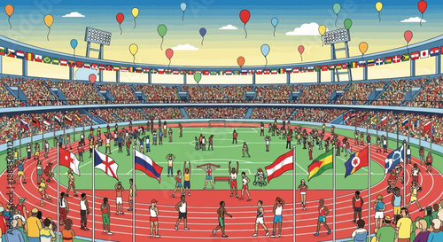 Vibrant international sports event with diverse athletes and spectators