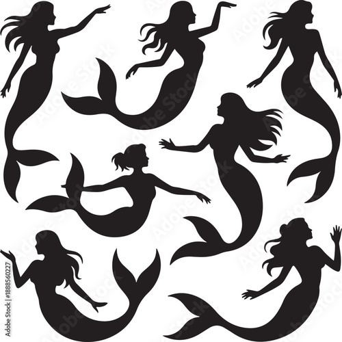 set of black silhouettes of mermaids in various poses