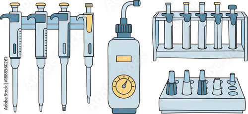 Blue and yellow multi-channel pipette with liquid samples and rack laboratory science medical