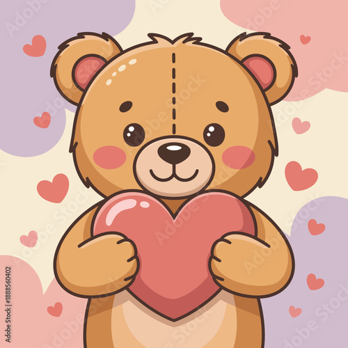 Cute brown teddy bear holding a red heart with pink background and floating hearts