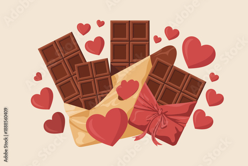 Chocolate Bars with Red Hearts on Light Background