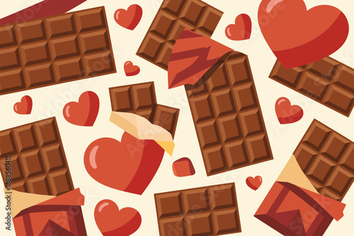 Chocolate bars with red hearts and caramel drizzle on a light background