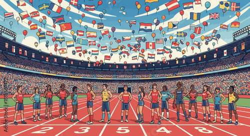 Diverse athletes stand ready at starting line in vibrant stadium with international flags