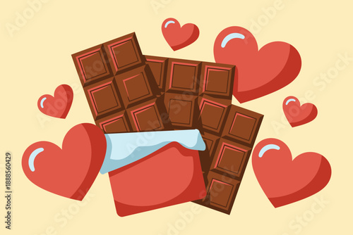 Chocolate Bars with Red Hearts on Yellow Background
