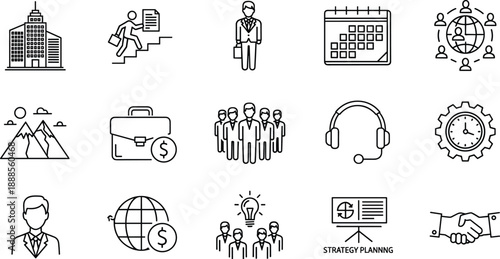 Line Art Icons Set of Small Business, Home Office, and Freelancing, Including Remote Work, Local Shop, and Car Storage, Isolated Vector Outline Illustration on White Background
