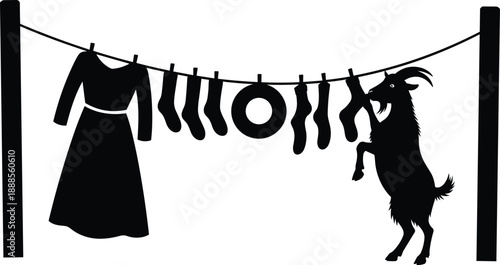 Goat reaching clothesline with hanging garments and socks, humorous black and white silhouette illustration depicting rural life, mischief, domestic laundry scene, and minimalist concept art