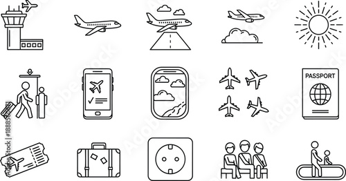 Set of airport travel icons featuring airplanes, flight tickets, suitcases, passports, airport towers, passenger boarding, power sockets, and vacation tourism elements.