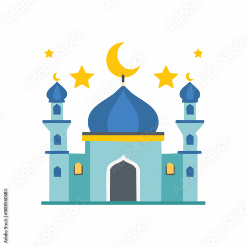 Mosque with crescent moon and stars illustration.