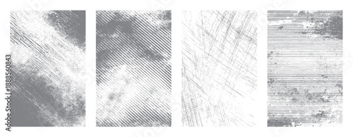Four grey distressed grunge textures with diagonal lines and speckles background overlay