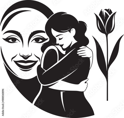 Maternal embrace and smiling face with tulip Vector