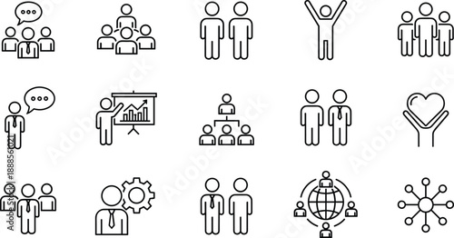 Set of business teamwork and professional leadership line icons featuring global networking, corporate hierarchy, successful presentation, management goals, and community partnership