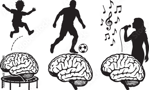 Human Brain Development Vector Through Play Sports And Music Creative Activities Stages With Person Silhouette