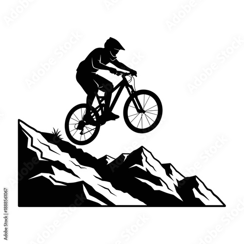 Professional Mountain Biker Jumping on Mountain Ridge Silhouette