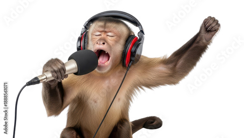 Capuchin monkey wearing headphones and singing into a microphone with mouth open, isolated PNG with Transparent Background