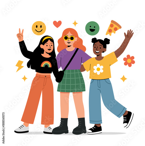 Diverse young women standing together smiling—flat vector illustration