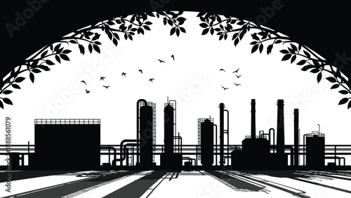 Industrial refinery factory silhouette with smokestacks and pipes framed by decorative leafy branches and flying birds representing environmental impact sustainability and urban green manufacturing