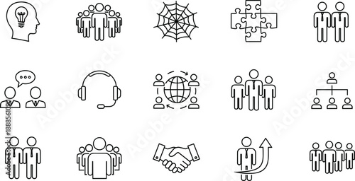 Set of business teamwork icons featuring leadership, collaboration, global networking, creative thinking, career growth, partnership, customer support, and professional organization elements.