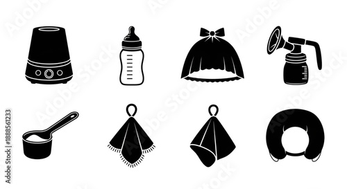 Baby nursery furniture clothes and educational toys silhouette icons