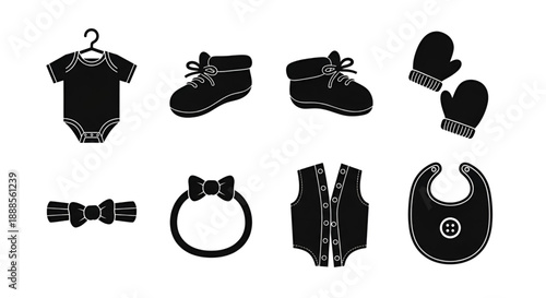 Baby nursery furniture toys and newborn clothing silhouette icons