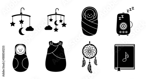 Baby sleep and nursery essentials vector icon set