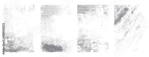 Four abstract grey distressed textures with halftone dots and scratches grunge
