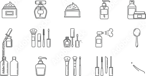Set of cosmetic and skincare line icons featuring cream jars, perfume, lotion pumps, makeup brushes, serum bottles, and beauty treatment illustrations