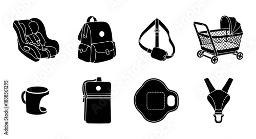 Baby care and travel essentials vector icon set
