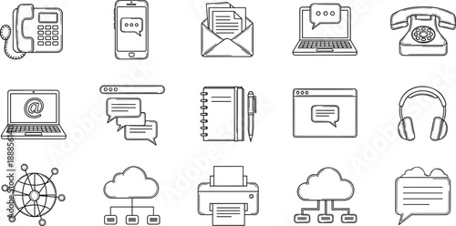 Set of communication line icons featuring customer support, email marketing, online chat, digital technology, telephone, cloud networking, office equipment, and connectivity.