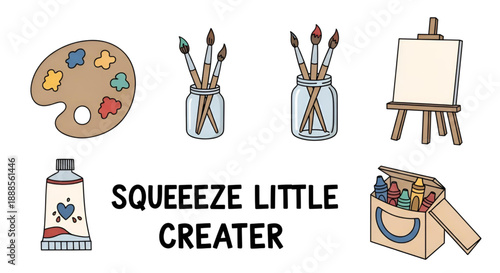 Art supplies set with paint brushes palette and easel vector design