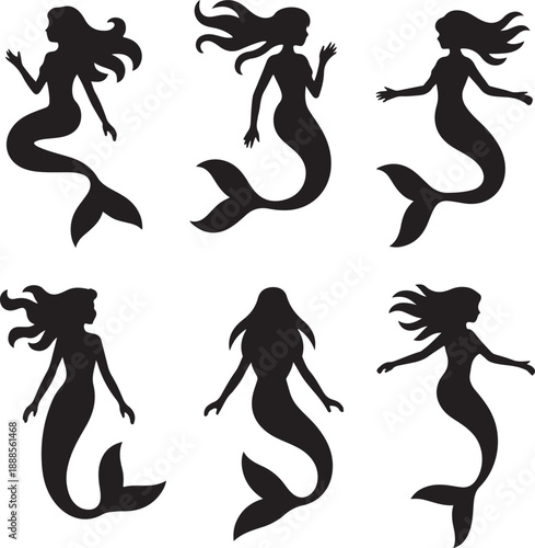 Silhouettes of six different mermaids in various poses and hairstyles