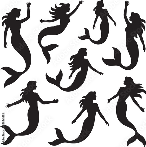 Silhouettes of multiple mermaids in various poses on white background