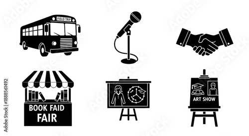 Black silhouette of school bus indicating field trip with passengers.