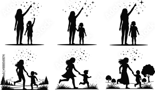 Mother and child silhouette set under stars in nature, showing emotional bonding, guidance, and wonder for parenting, outdoor, and family-themed designs.