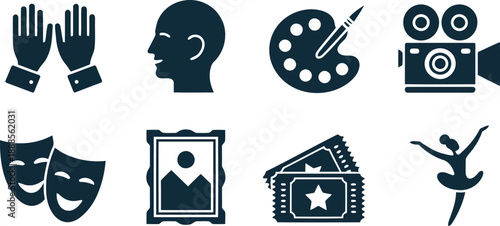 A curated collection of dark blue icon symbols signifying diverse artistic and cultural pursuits on white