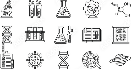 Set of science and biology laboratory line icons featuring microscope, DNA helix, chemical flasks, test tubes, research experiments, and scientific study