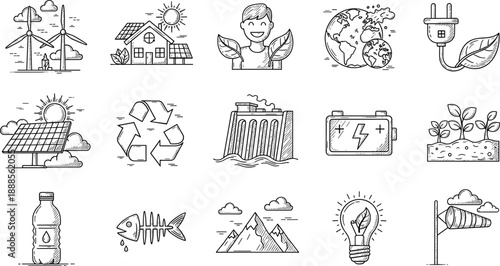 Set of environmental icons featuring renewable energy, wind turbines, solar panels, recycling, global ecology, green power, sustainability, and clean nature elements.
