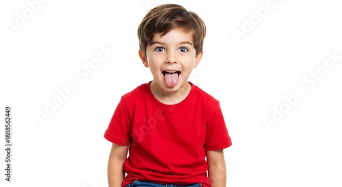 Playful young boy in bright red shirt enthusiastically sticking out his tongue on a clean white background. AI Generated