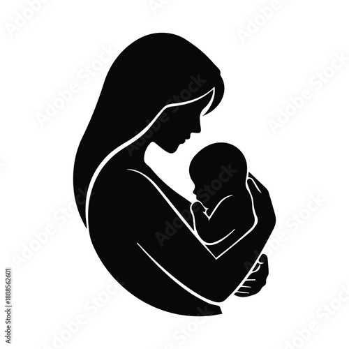 Minimalist black silhouette of a mother cradling her newborn baby, symbol of motherhood, love and parental care, isolated on white background