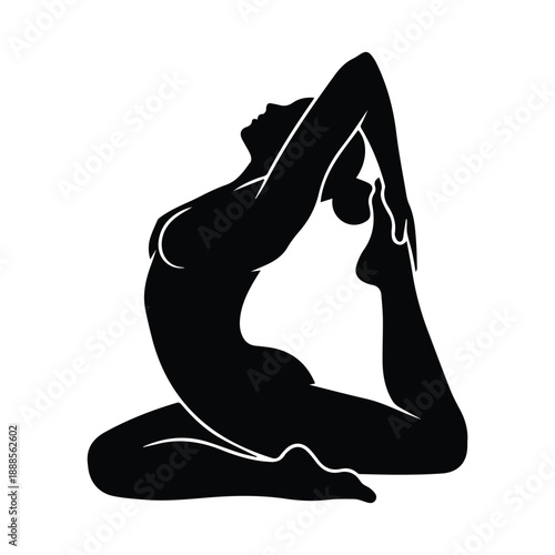 Silhouette of a woman practicing an advanced yoga pose, stretching for flexibility and wellness, health and fitness icon, isolated on white