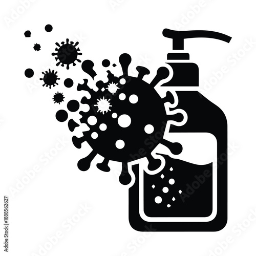 Hand sanitizer or soap pump bottle icon attacking and destroying virus cells, hygiene and germ protection concept, black silhouette illustration