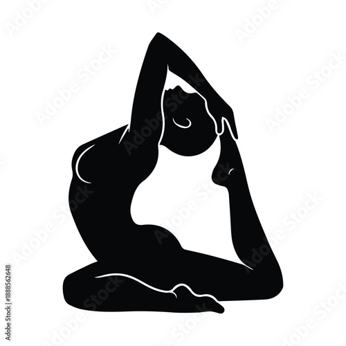 Elegant black silhouette of a woman in a deep yoga stretch, concept of flexibility, mindfulness, and physical well-being, isolated on white