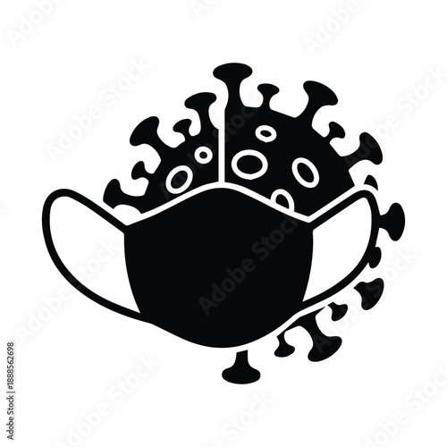 Illustration of a virus cell wearing a protective face mask, representing safety measures, mask mandates, and pandemic control, black silhouette