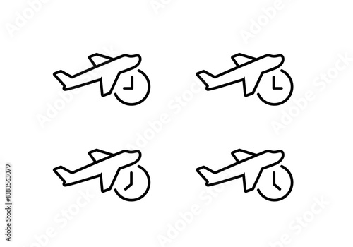 Airplane time icon set. Flight delay schedule symbol. Aviation clock sign