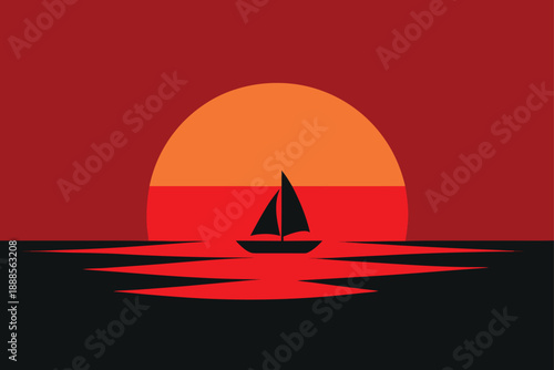 Red Sunset Over Calm Ocean With Sailboat Silhouette