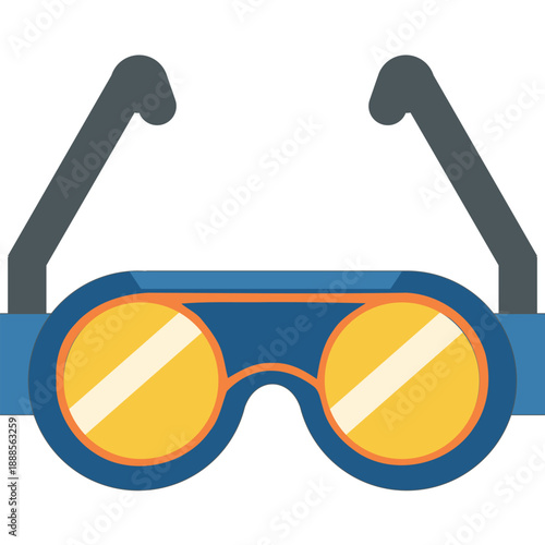 Illustration of blue goggles with yellow lenses and dark grey strap worn for protection