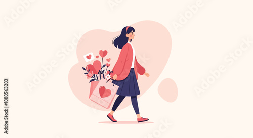 Happy girl shopping for valentine gifts with love theme