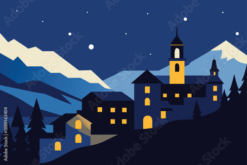 Saint Moritz At Dusk With Snowy Rooftops And Lights