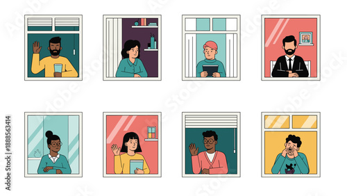 Illustration of diverse people visible through apartment windows engaged in various daily activities during a period of staying at home.