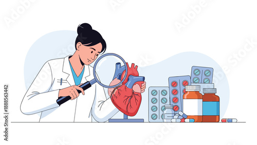 Female cardiologist using a magnifying glass to inspect a human heart model surrounded by various pills and medicine bottles on a desk.