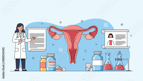 Female gynecologist presenting information next to a large anatomical model of the uterus and ovaries with medical charts and laboratory tools.